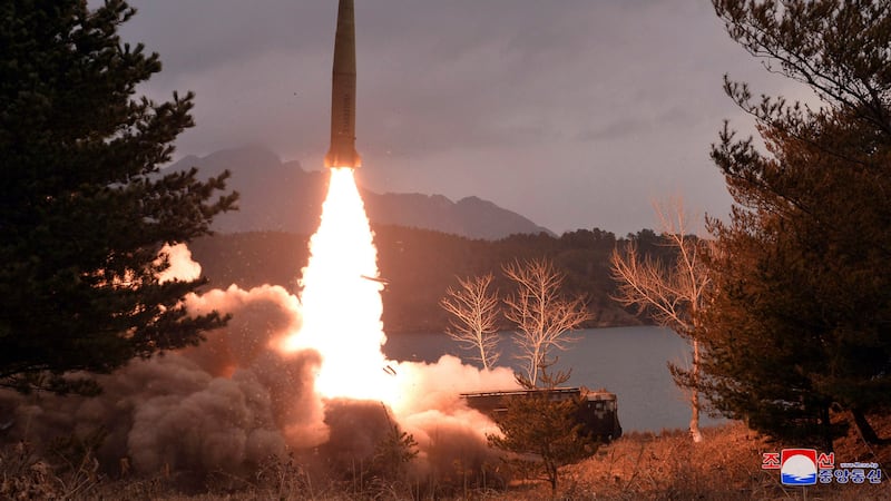 This photo provided by the North Korean government shows what it says is a ballistic missile...