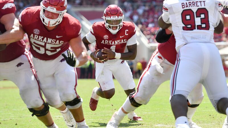 FILE - Saturday's game in Fayetteville, Arkansas, was between the Arkansas Razorbacks and...
