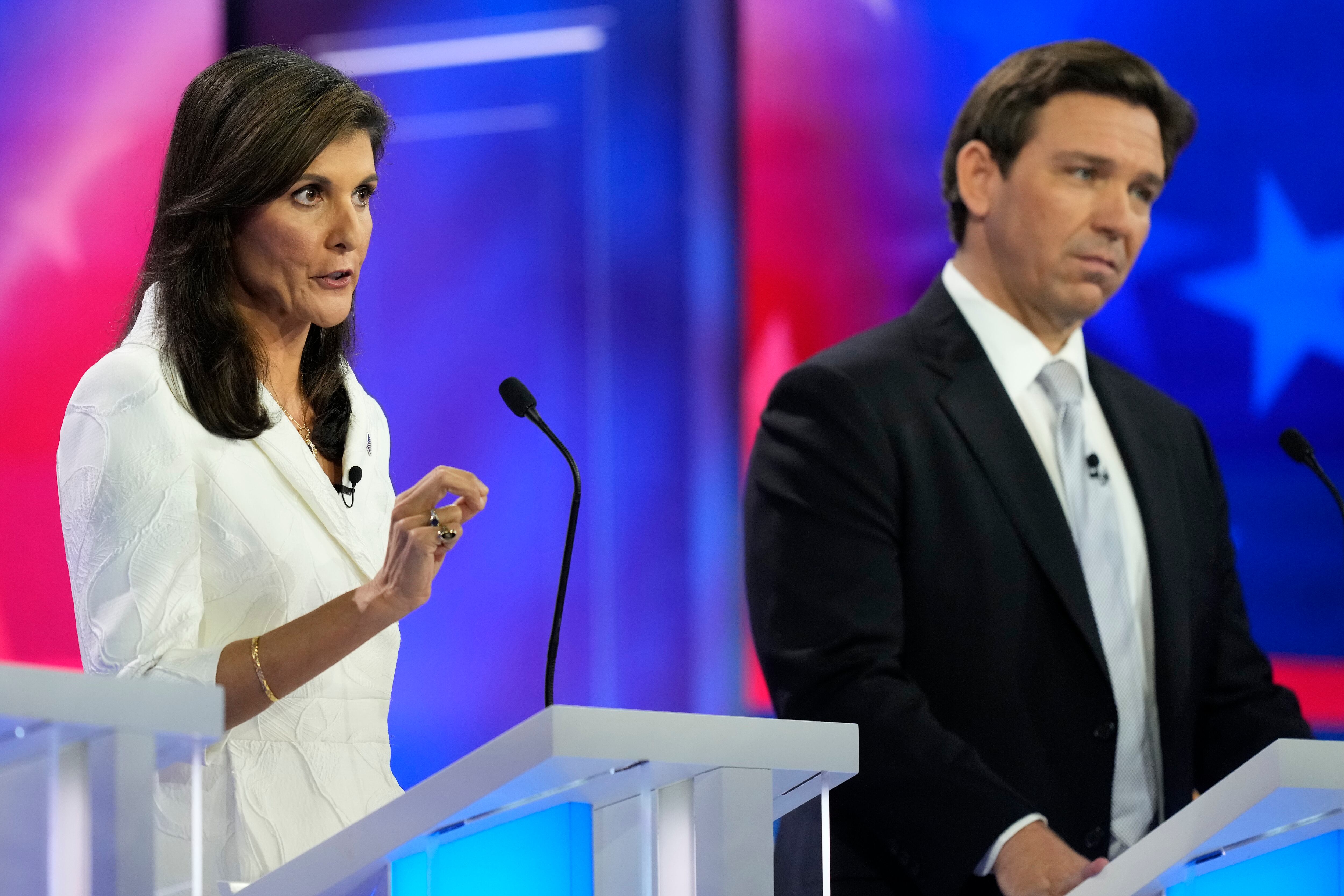 Republican presidential candidate former U.N. Ambassador Nikki Haley speaks as Florida Gov....